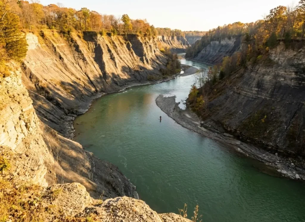 A wide scenic view of a winding Great Lakes tributary river flowing through a shale canyon with a solitary angler wading.