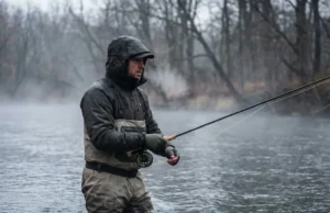 Great Lakes Tributary Fishing: The Ultimate Field Guide An angler wading in a misty Great Lakes river using a centerpin rod during late autumn.