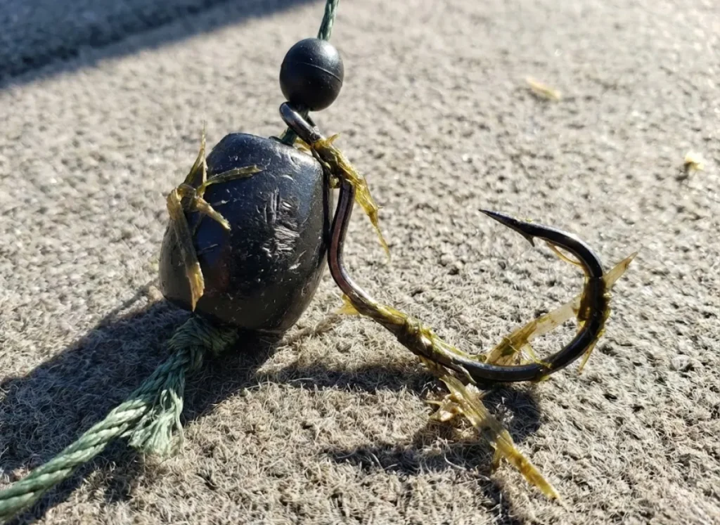Close up of a tungsten punch weight and heavy braided line with pieces of weed stuck to it.