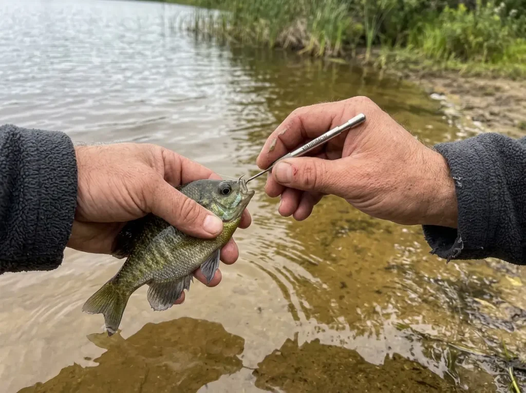 Close-up of hands using a stainless hook remover to back a hook out of a fish at the waterline