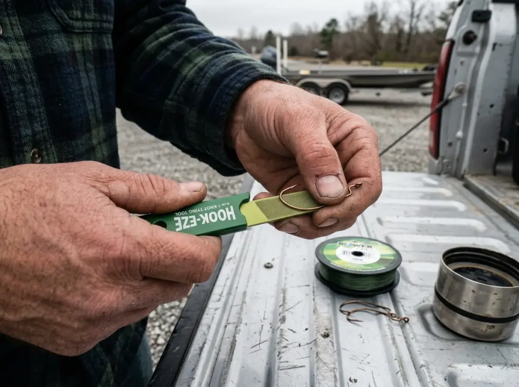 Angler running a hook point across a small file to test sharpness, a key essential fishing tools skill