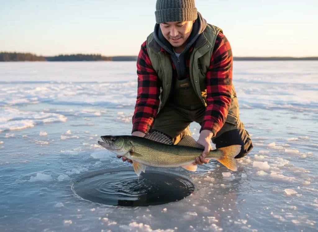 An ethical angler carefully revives a walleye in the water of an ice fishing hole before releasing it.