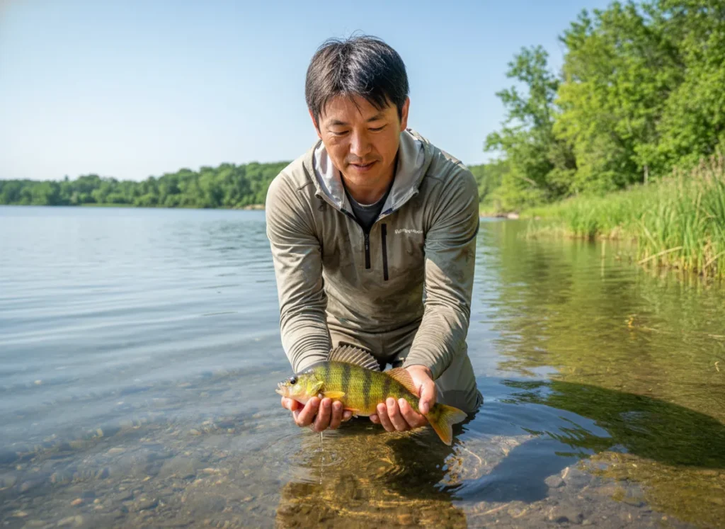 A man gently holds a perch in the water with both hands, practicing careful catch and release fishing.