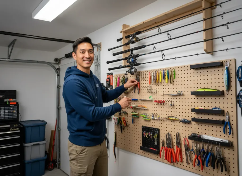 A man organizes his fishing gear at a complete, holistic fishing station in his garage, with a rod rack on the ceiling and a pegboard for tools below.