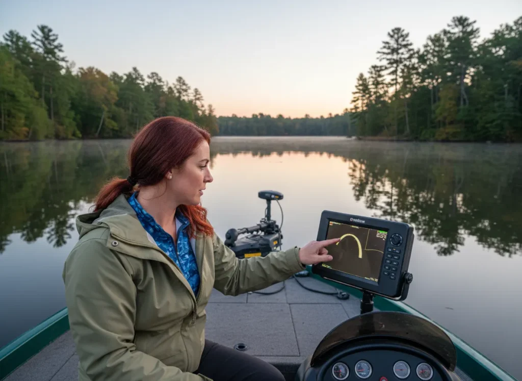A female angler in her 30s on a boat, pointing at a fish arch on her 2D sonar screen to master reading the display.