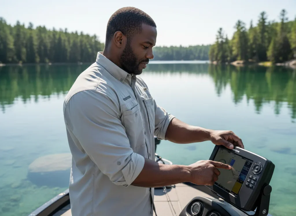 A male angler in his late 30s carefully optimizing the settings on his fish finder while on a pristine lake.