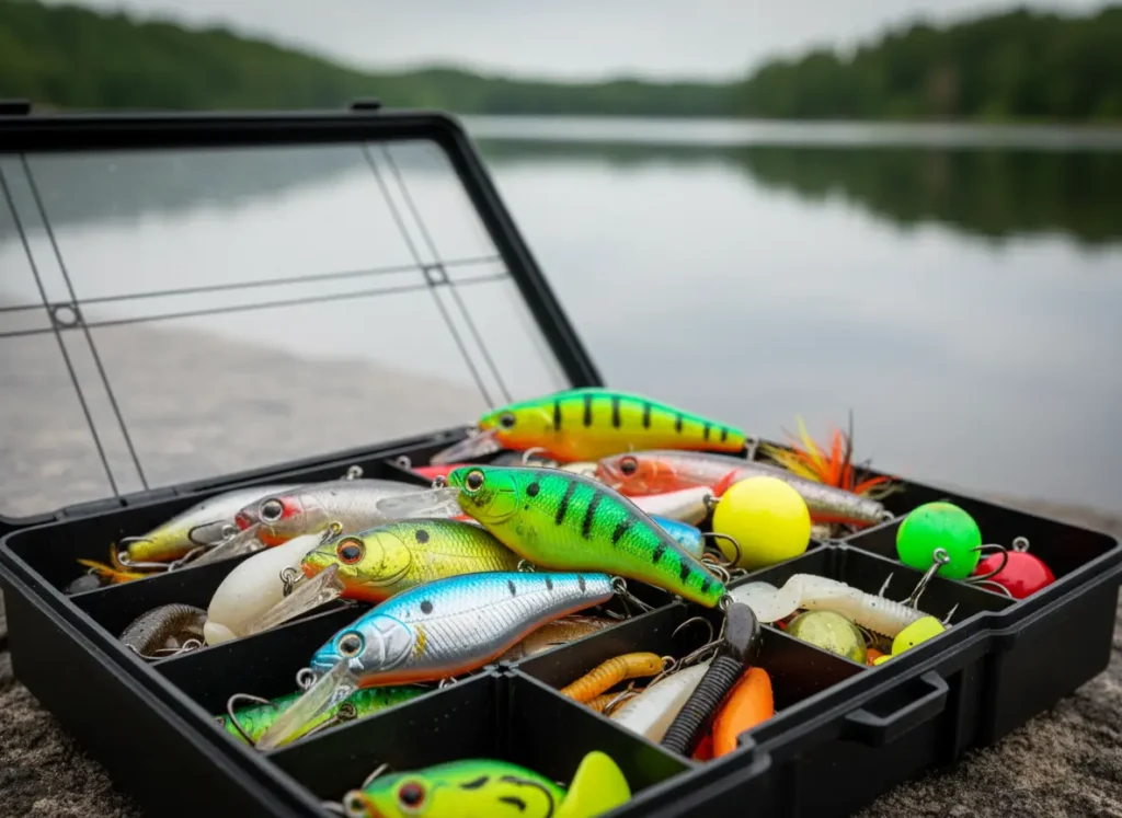 A close-up of an open tackle box showcasing a colorful and diverse collection of artificial fishing lures.
