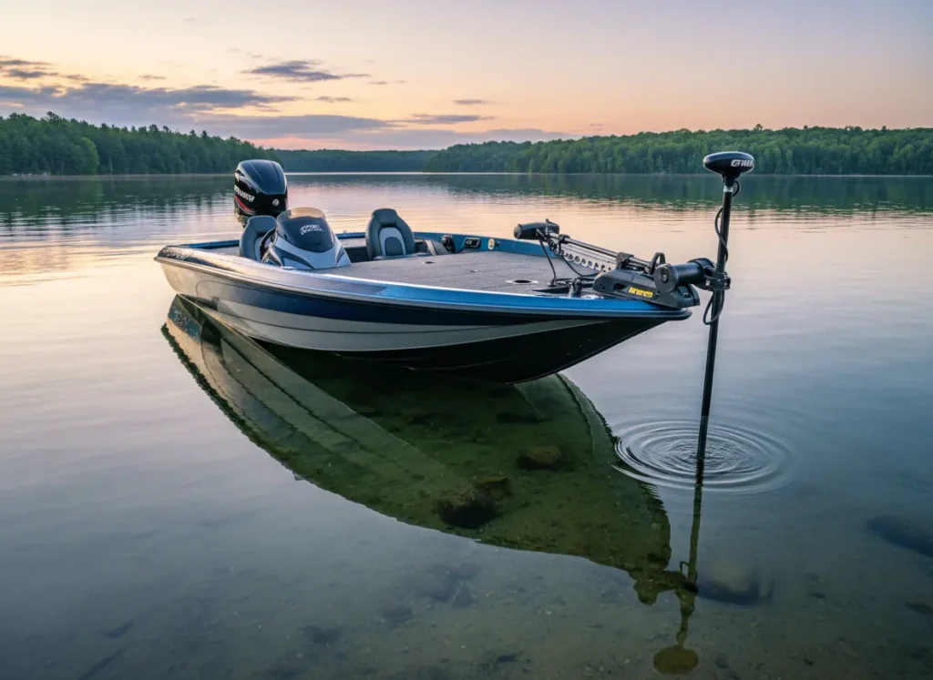 A bass boat on a lake showing both a GPS trolling motor at the bow and a deployed shallow water anchor at the stern.