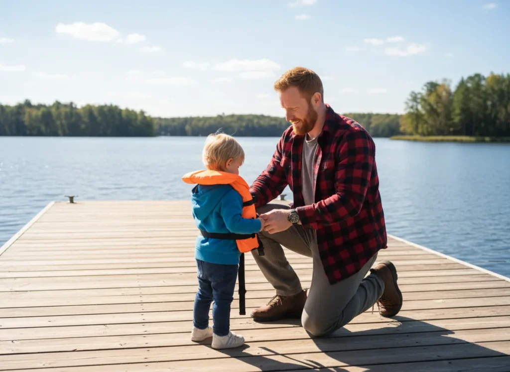 A father patiently helps his child put on a life jacket on a sunny pier.