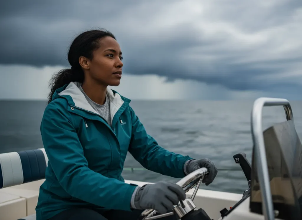 A focused woman on a fishing boat assesses the changing weather on the horizon.