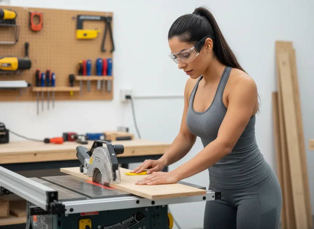 A safety-conscious woman wearing safety glasses uses a push stick to carefully cut a piece of reclaimed wood on a table saw in her workshop.