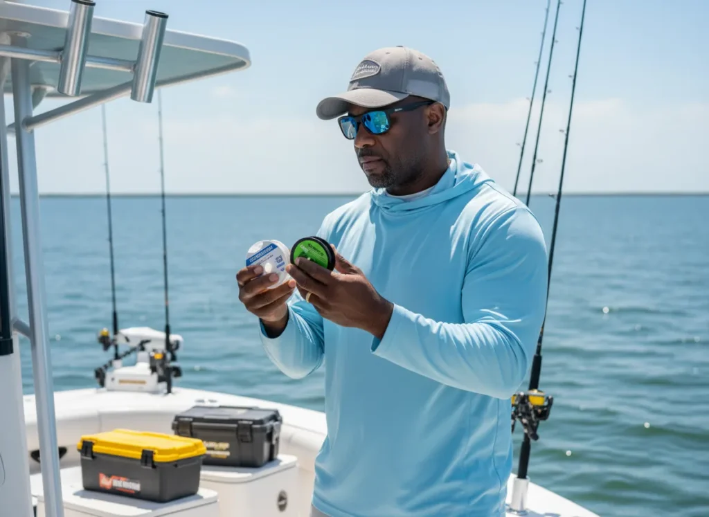 A male angler on his boat thoughtfully comparing two spools of leader material to make a selection for inshore fishing.