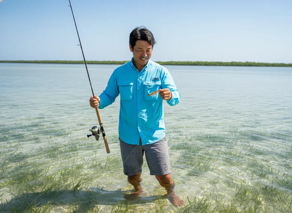 An angler of Japanese descent wading on a clear saltwater flat, inspecting his lure and leader setup before casting.