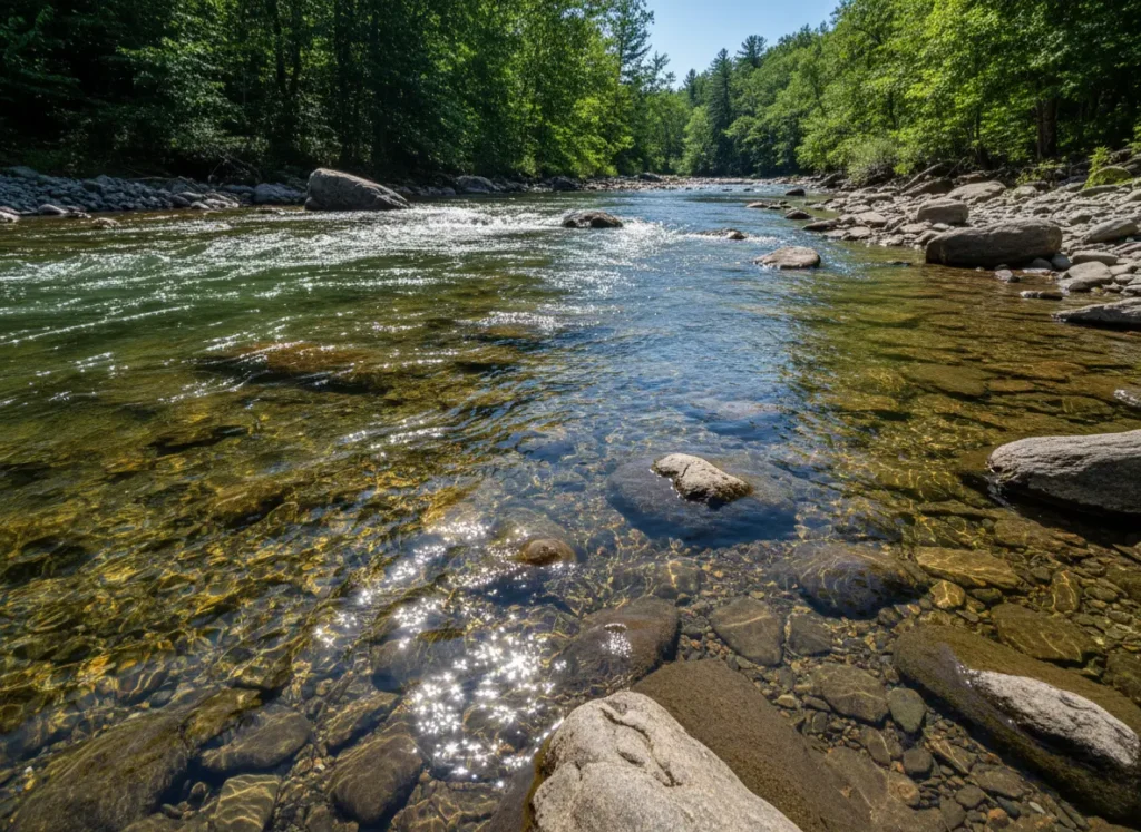 A clear river with a rocky bottom and moderate current, representing ideal smallmouth bass habitat.