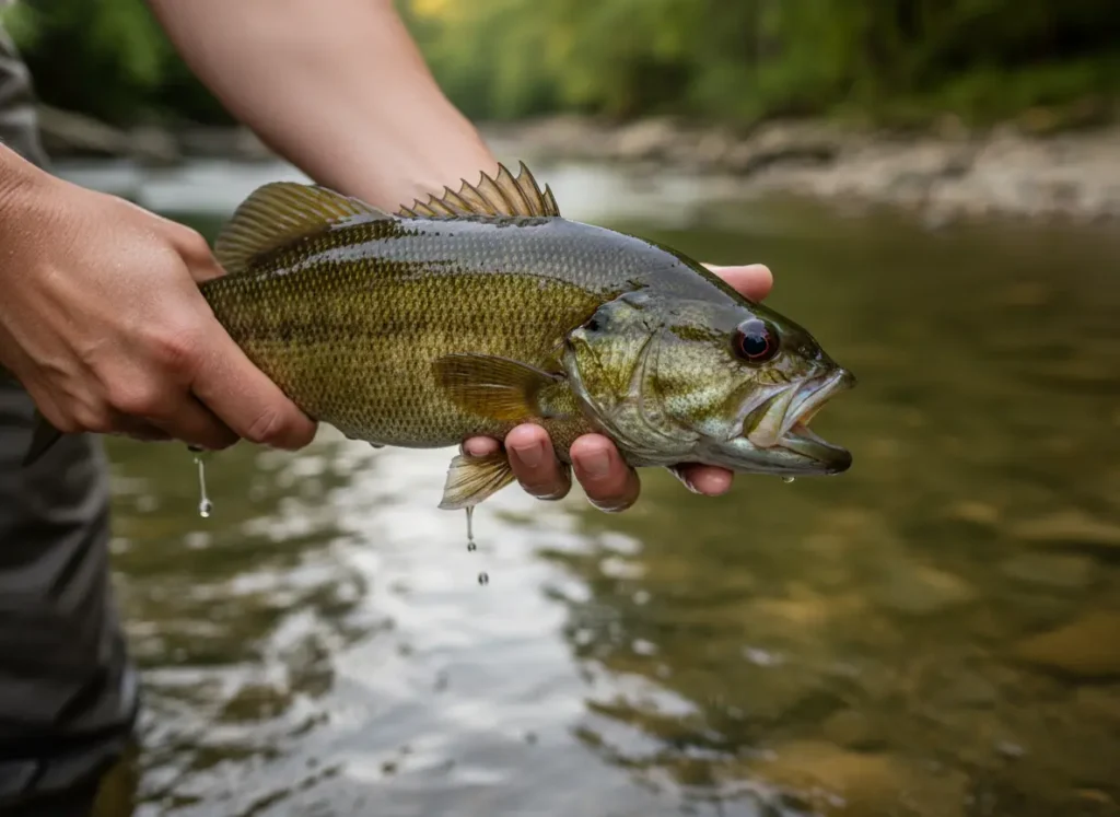 A close-up photo of a smallmouth bass's head, showing its jawline and eye for identification purposes.