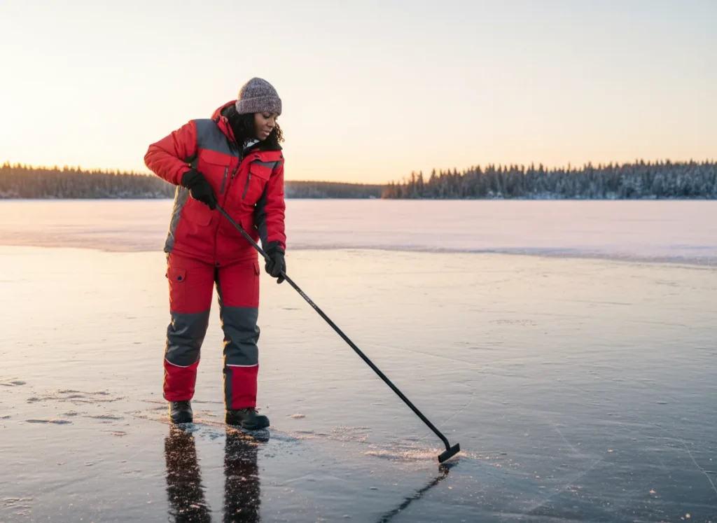 A woman in a warm ice fishing suit carefully checks the thickness of a frozen lake with a steel spud bar.