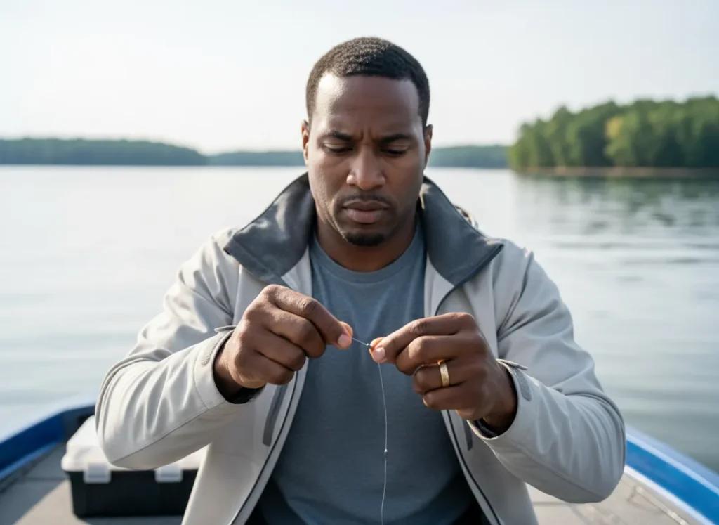 A focused man sitting in a boat carefully ties a complex fishing rig with his hands.