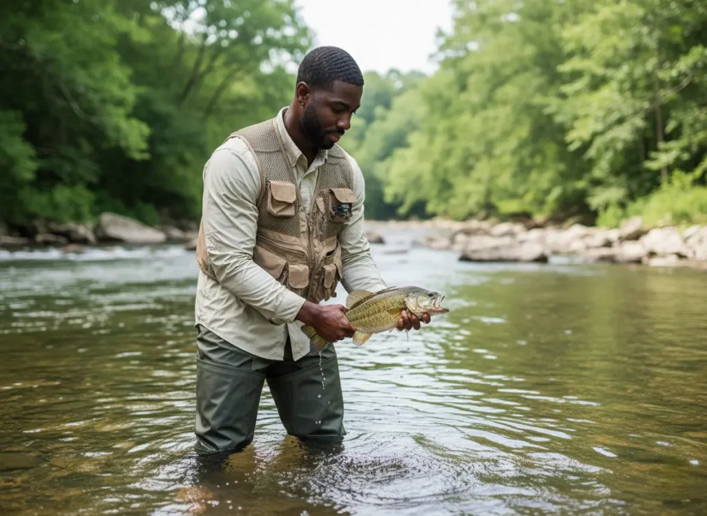 An athletic man carefully reviving a smallmouth bass in the river before releasing it, practicing sustainable angling.