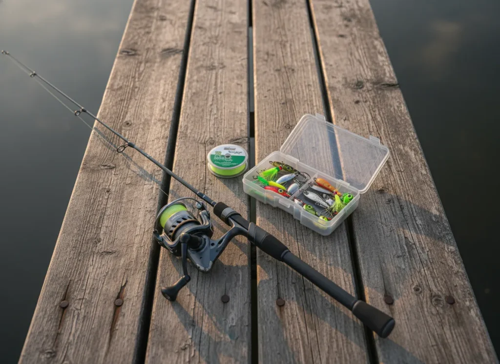 A top-down view of perch fishing gear, including an ultralight rod, reel, and various lures, laid out on a wooden dock.