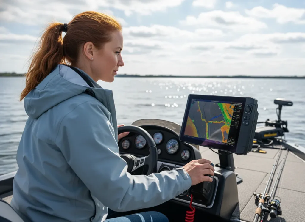 A beautiful female angler with red hair uses the electronics on her bass boat to strategically locate fish on a large lake.