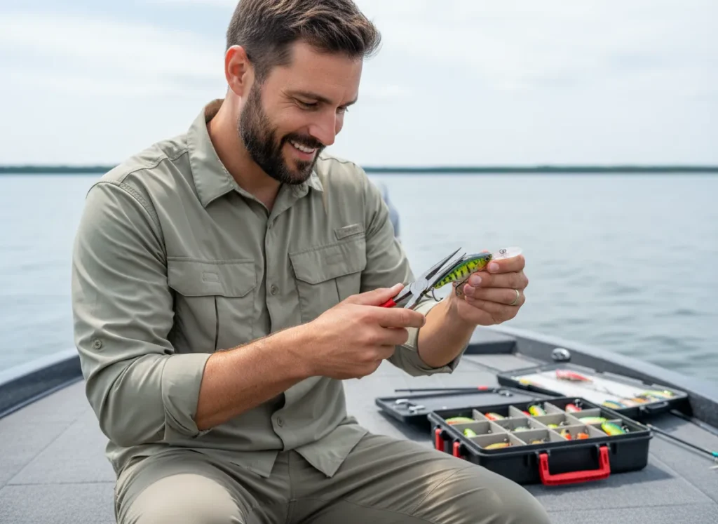 A male angler with a beard sits on his boat and uses pliers to tune a deep-diving crankbait lure for better performance.