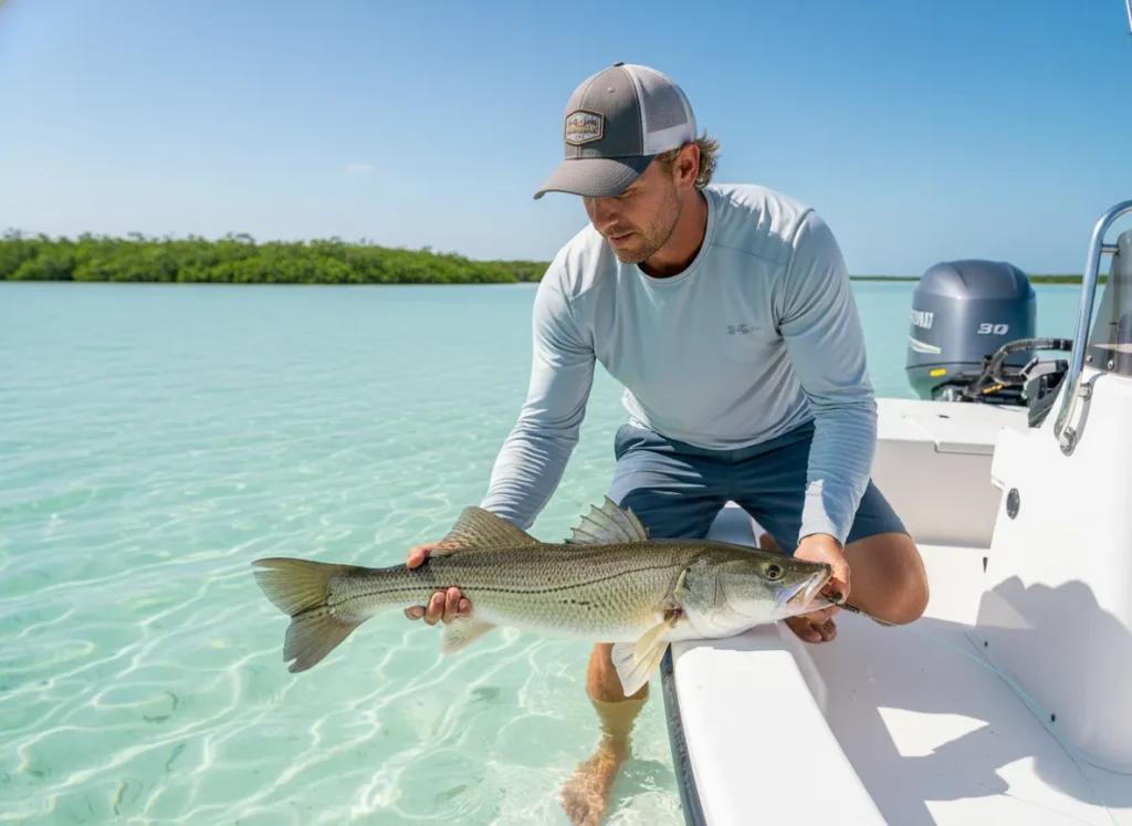 A responsible angler carefully reviving a large snook in the water beside his boat before releasing it, demonstrating sustainable fishing practices.