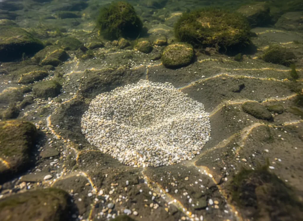 An underwater view of a circular smallmouth bass spawning nest made of clean gravel in shallow water.