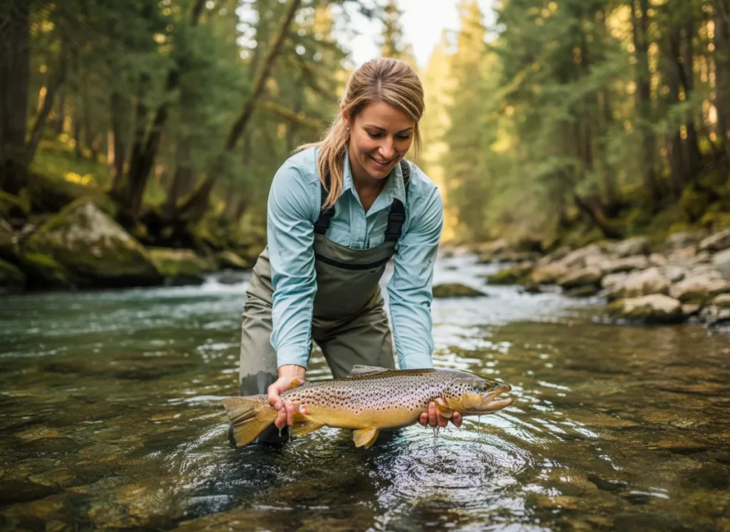 A woman carefully revives a trout in a clear river, practicing ethical catch-and-release fishing.