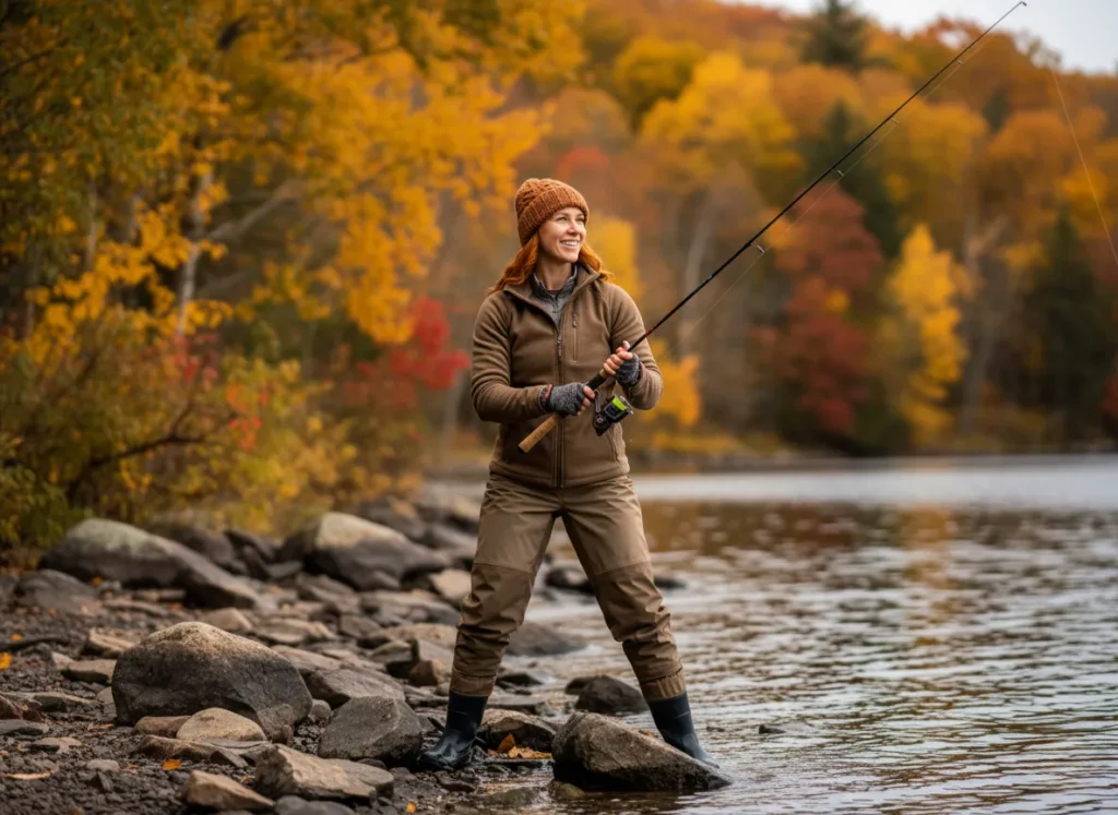 A woman in autumn fishing attire stands by a lake, surrounded by colorful fall foliage, planning her next cast.