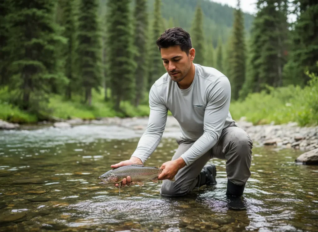 A conservation-minded angler carefully releases a trout back into a pristine river, showing respect for the ecosystem.