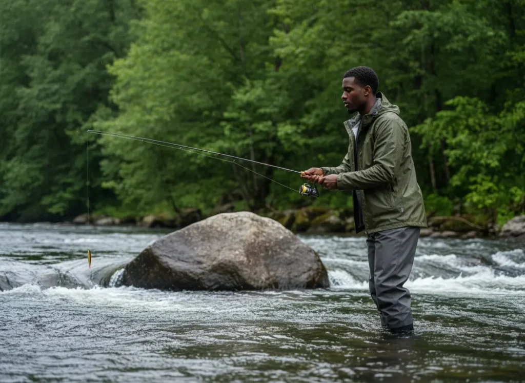 A focused male angler in a rain jacket casting his lure into a river eddy behind a large rock.