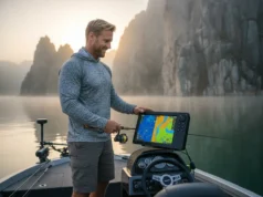 How Fishing Evolved: A Strategic History for Today’s Angler A handsome man in his 30s on a modern fishing boat uses a sonar fish finder on a misty lake at dawn.
