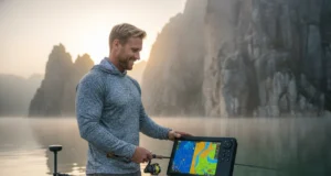How Fishing Evolved: A Strategic History for Today’s Angler A handsome man in his 30s on a modern fishing boat uses a sonar fish finder on a misty lake at dawn.