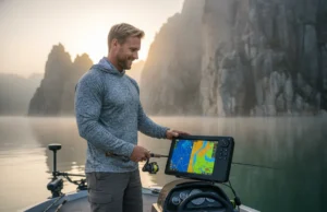 How Fishing Evolved: A Strategic History for Today’s Angler A handsome man in his 30s on a modern fishing boat uses a sonar fish finder on a misty lake at dawn.