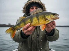 How to Catch Perch: 12-Month Location & Gear Guide Angler holding a large trophy yellow perch with orange fins on a boat during overcast weather.