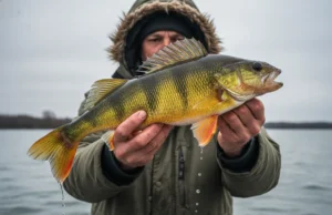 How to Catch Perch: 12-Month Location & Gear Guide Angler holding a large trophy yellow perch with orange fins on a boat during overcast weather.