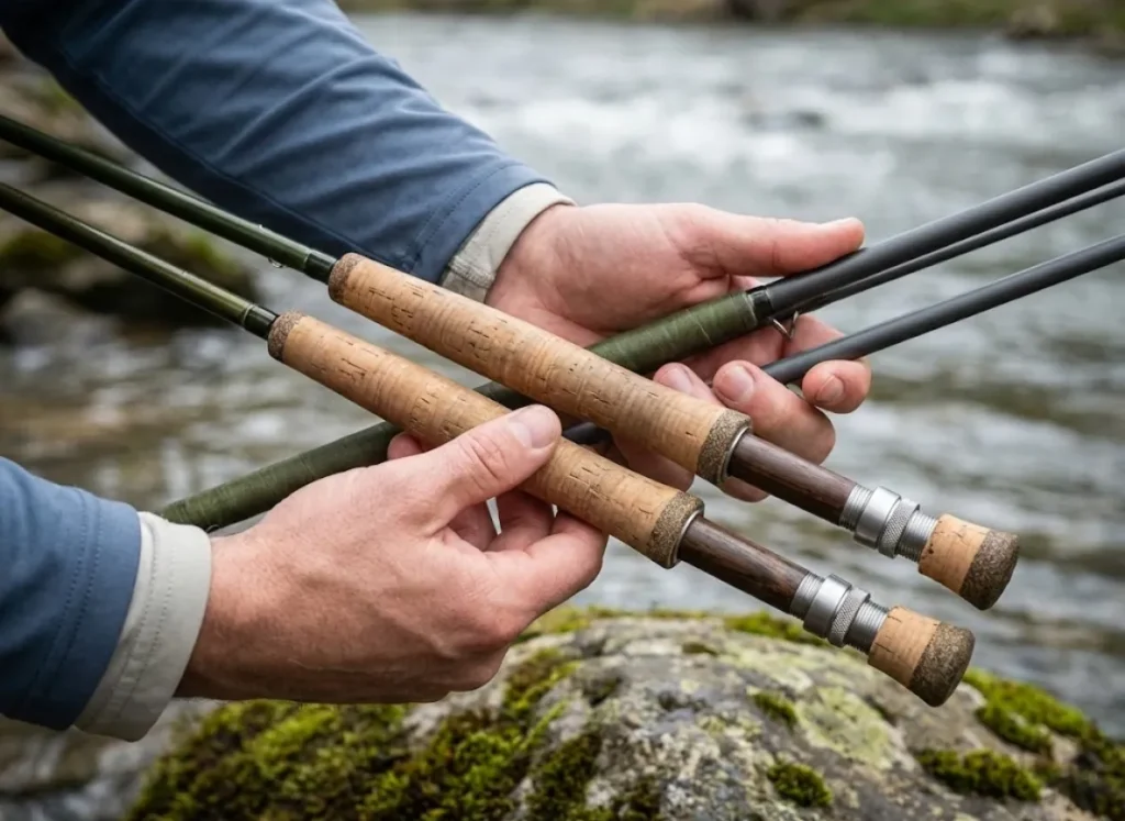Close up of an angler's hands comparing two different fly rod grips and reels near a river.