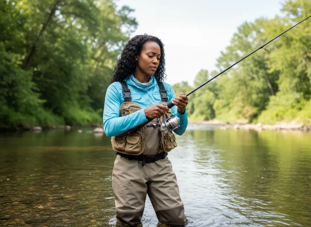 An expert woman inspects her fishing rod and reel while standing in a clear river, deciding on the right gear.
