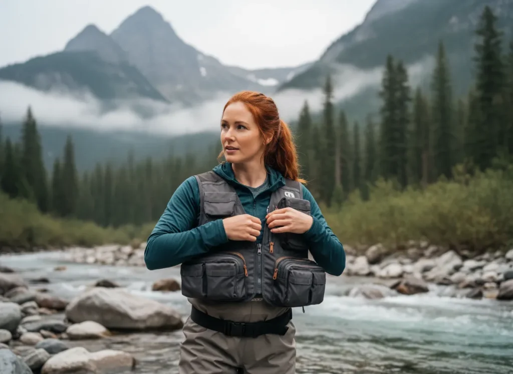 An expert female angler in her mid-30s analyzes the features of her fishing vest while standing by a mountain stream.