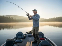 How to Fish Deep Diving Crankbaits: A Complete System A handsome blonde male angler in his 30s casts a fishing rod from the deck of a bass boat on a misty lake at sunrise.