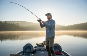 How to Fish Deep Diving Crankbaits: A Complete System A handsome blonde male angler in his 30s casts a fishing rod from the deck of a bass boat on a misty lake at sunrise.