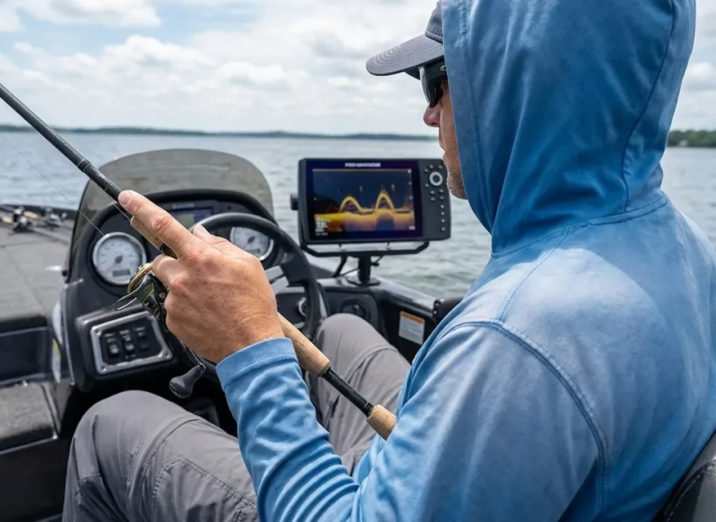 Angler watching fish finder screen while finesse fishing with a drop shot.