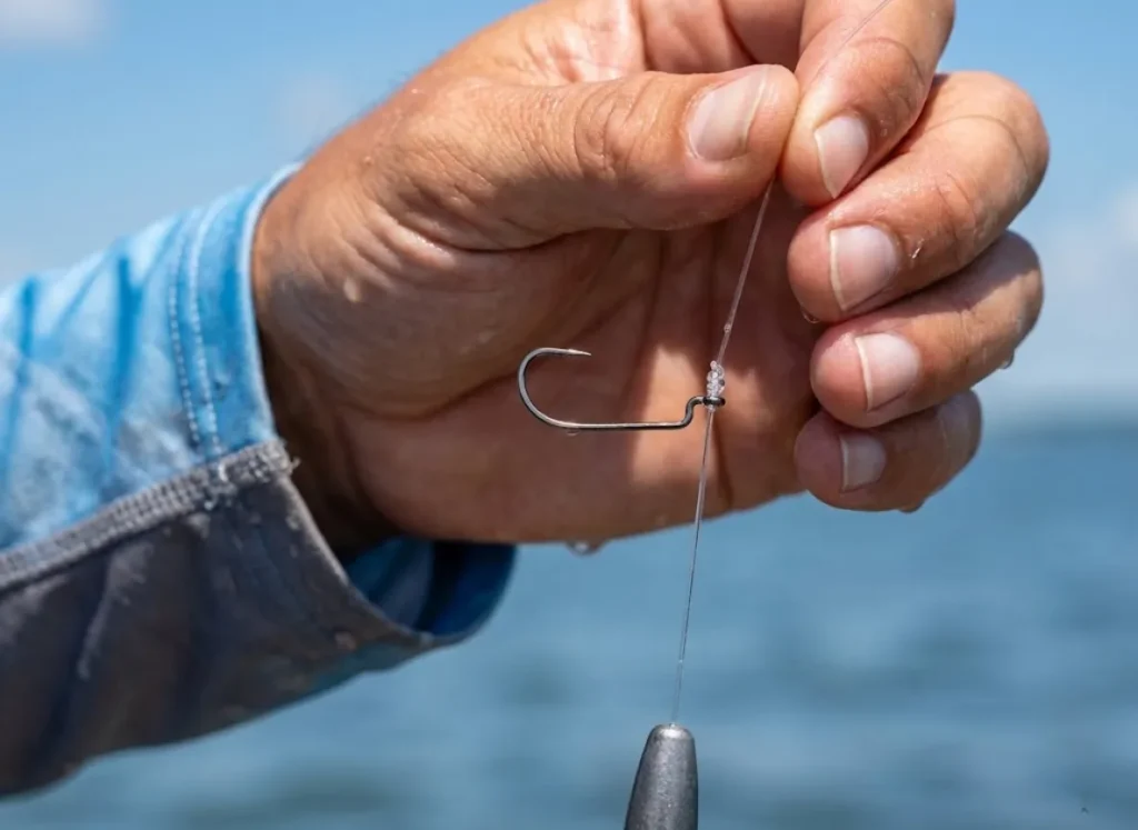 Close up of a properly rigged drop shot hook standing at a 90-degree angle to the line.