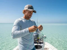 The Definitive Guide: How to Tie a Leader for Snook & Reds A skilled male angler in his late 30s tying a fishing leader on the bow of a boat in a sunny, inshore saltwater environment.
