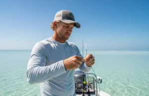The Definitive Guide: How to Tie a Leader for Snook & Reds A skilled male angler in his late 30s tying a fishing leader on the bow of a boat in a sunny, inshore saltwater environment.