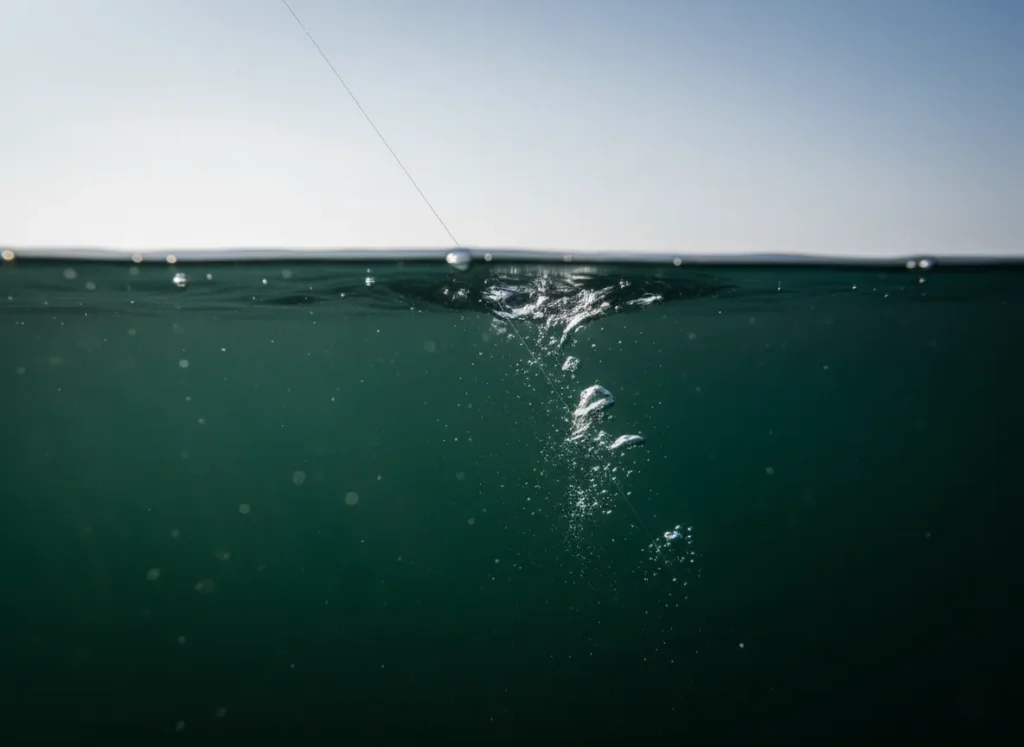 Close-up split shot of fishing line cutting through the water surface under tension.