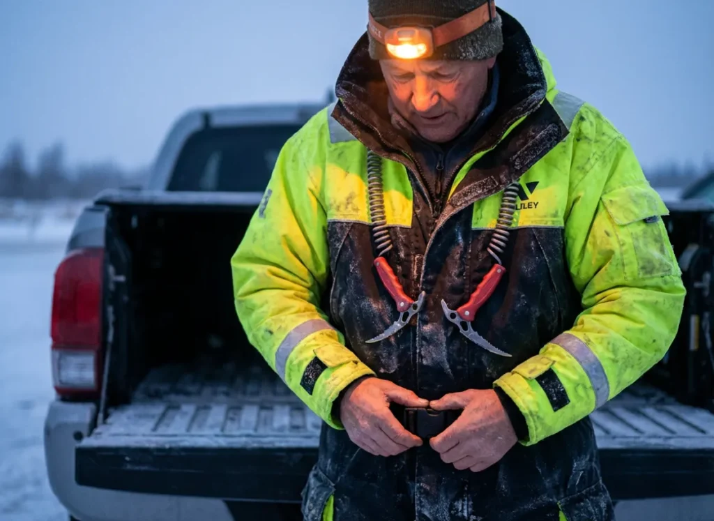 An angler putting on a flotation fishing suit and adjusting safety ice picks around their neck.