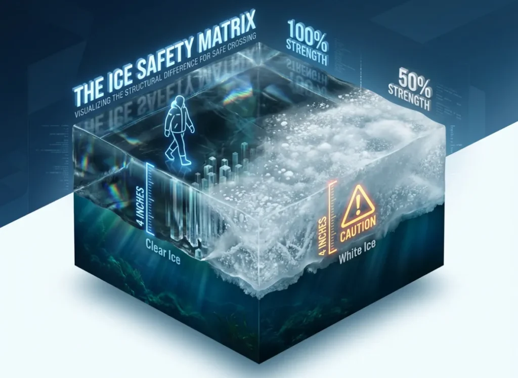 A 3D cross-section infographic of a frozen lake comparing clear black ice versus white snow ice. The visual shows depth markers for safety: a hiker on 4 inches of clear ice and a warning icon over cloudy white ice, illustrating the strength difference.