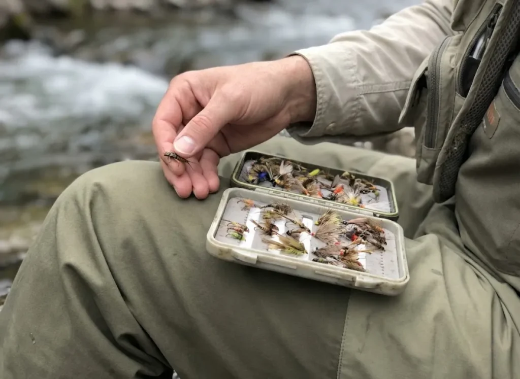 Angler comparing a natural river insect to artificial flies in an open fly box.