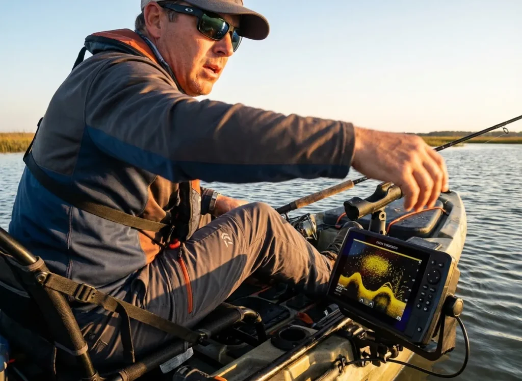 A kayak angler reacting quickly to a school of baitfish and predator arches appearing on the fish finder screen.